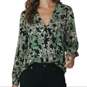 White House Black Market Black Frilly Floral Romantic Long Sleeve V-Neck Blouse